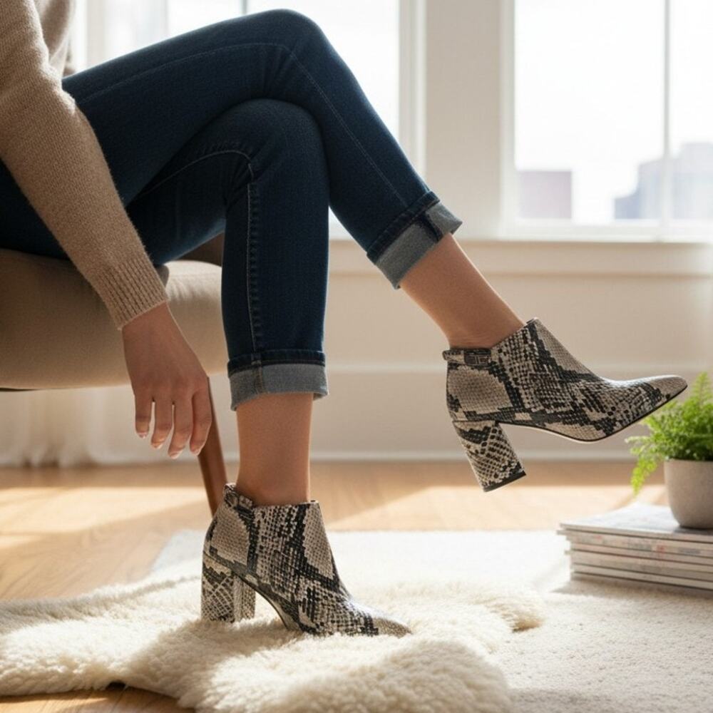 Marc Fisher Ragni Heeled Mules Womens 6M Gray Snakeskin Pointed Toe Slip On